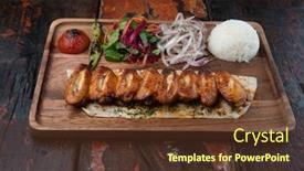  Presentation with kebab - Presentation design consisting of turkish chicken wings kebab with rice and vegetables isolated on rustic wooden table background and a tawny brown colored foreground