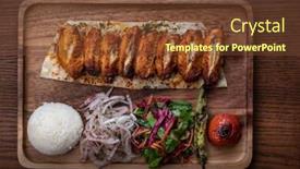  Presentation with kebab - Slide set with turkish chicken wings kebab with rice and vegetables isolated on wooden table background and a tawny brown colored foreground