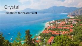  Presentation with turkish - Audience pleasing slides consisting of turkish-coast-kidrak-beach backdrop and a light blue colored foreground