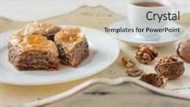  Presentation with delicious cakes pastry fruit - Slide deck enhanced with beautiful autumn frame - maple leaf and red apple isolated on white background background and a tawny brown colored foreground.