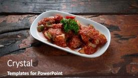  Presentation with eggplant - Audience pleasing slide set consisting of turkish food kizartma fried aubergine or eggplant slices with tomato paste salsa sauce and cube potatoes on rustic wooden kitchen table backdrop and a tawny brown colored foreground