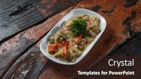  Presentation with eggplant - Amazing presentation design having turkish food kizartma fried aubergine or eggplant slices with tomato paste salsa sauce and cube potatoes on rustic wooden kitchen table backdrop and a wine colored foreground