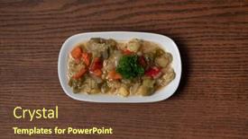  Presentation with eggplant - Slide deck with turkish food kizartma fried aubergine or eggplant slices with tomato paste salsa sauce and cube potatoes on wooden kitchen table background and a tawny brown colored foreground