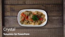  Presentation with eggplant - Slide deck enhanced with turkish food kizartma fried aubergine or eggplant slices with tomato paste salsa sauce and cube potatoes on rustic wooden kitchen table background and a tawny brown colored foreground