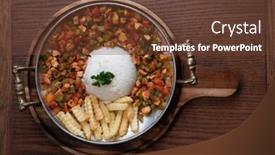  Presentation with saute - Presentation theme with turkish food lamb meat saute sac kavurma with rice and french fries isolated on rustic wooden table background and a tawny brown colored foreground