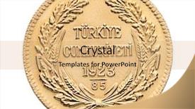  Presentation with gold and turqouise - Amazing PPT theme having turkish gold coin back called besli ata isolated on white background backdrop and a coral colored foreground