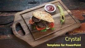  Presentation with meatball - Cool new PPT theme with turkish kofte ekmek meatball sandwich with tomatoes onion and green pepper isolated on rustic wooden background backdrop and a tawny brown colored foreground