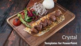  Presentation with kebab - Amazing presentation theme having turkish lamb sis kebab with rice and vegetables isolated on rustic wooden table backdrop and a tawny brown colored foreground