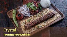  Presentation with kebab - Colorful PPT theme enhanced with turkish lula lamb or beef kebab with rice and vegetables isolated on rustic wooden table backdrop and a tawny brown colored foreground