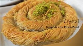  Presentation with turkish - Presentation design featuring turkish pastry kanafeh with kadayif honey and pistachio nuts background and a gold colored foreground