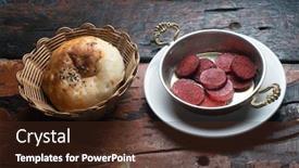  Presentation with turkish - Amazing slide set having turkish sausage sucuk and bread roll isolated on rustic wooden table backdrop and a tawny brown colored foreground