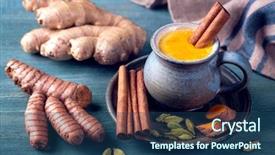  Presentation with turmeric - Presentation design featuring turmeric latte and fresh turmeric background and a ocean colored foreground
