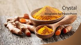  Presentation with turmeric - Presentation theme with turmeric spice on wooden board background and a coral colored foreground