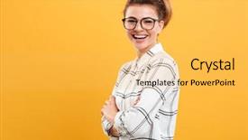  Presentation with yellow - Beautiful slides featuring turn - portrait of smiling woman backdrop and a yellow colored foreground