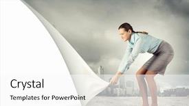 Presentation with page - Colorful presentation design enhanced with turn page - image of young pretty woman backdrop and a white colored foreground