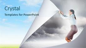  Presentation with page - Slides featuring turn page - image of young pretty woman background and a light blue colored foreground