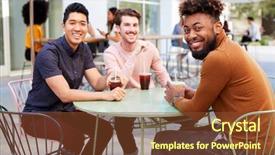  Presentation with city street - PPT theme consisting of turning - three millennial male friends talking background and a tawny brown colored foreground