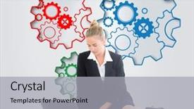  Presentation with microwave imaging image of modern - Colorful presentation design enhanced with turning gears computer - composite image of blonde businesswoman backdrop and a  colored foreground