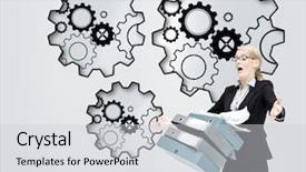  Presentation with dropping letters - Beautiful theme featuring turning gears computer - composite image of businesswoman dropping backdrop and a light gray colored foreground