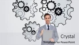  Presentation with microwave imaging image of modern - PPT layouts enhanced with turning gears computer - composite image of happy businessman background and a  colored foreground
