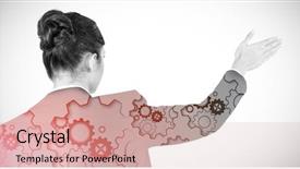  Presentation with digital - Amazing slide deck having turning gears computer - rear view of businesswoman using backdrop and a coral colored foreground