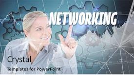  Presentation with solution - Colorful presentation design enhanced with turning gears computer - word solution and smiling businesswoman backdrop and a  colored foreground