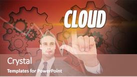  Presentation with solution - Slide deck with turning gears computer - word solution and unsmiling businessman background and a  colored foreground