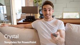  Presentation with global laptops remote - PPT theme featuring turning point - portrait of smiling man background and a coral colored foreground