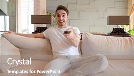  Presentation with controller - PPT theme having turning point - portrait of smiling man background and a coral colored foreground