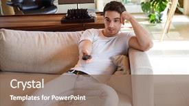  Presentation with living room - Audience pleasing slides consisting of turning point - young smiling man sitting backdrop and a violet colored foreground