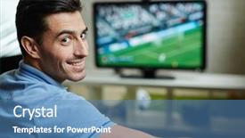  Presentation with gold man smile - PPT theme with turning to look at camera background and a teal colored foreground