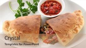  Presentation with italian food about pizza - Audience pleasing PPT layouts consisting of turnover - calzone folded pizza backdrop and a coral colored foreground