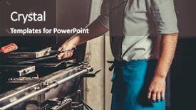  Presentation with modern food - Colorful PPT layouts enhanced with turns meat with the forceps backdrop and a dark gray colored foreground