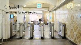  Presentation with railway survey - PPT theme having turnstile at a railway vestibule background and a mint green colored foreground