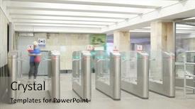  Presentation with railway - Audience pleasing presentation theme consisting of turnstile at a railway vestibule backdrop and a light gray colored foreground