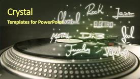  Presentation with music vinyl - Audience pleasing slide deck consisting of sound waves dj headphones - turntable with vinyl and music backdrop and a tawny brown colored foreground