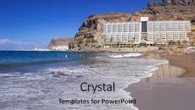  Presentation with island party - Colorful slide deck enhanced with turquise - atlantic beach of gran canaria backdrop and a  colored foreground