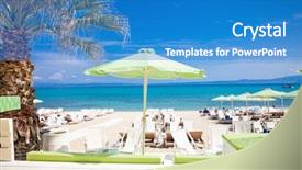  Presentation with public - Cool new slide deck with turquois - beautiful hanioti public beach backdrop and a teal colored foreground