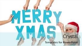  Presentation with sexy santa woman red - Beautiful PPT theme featuring turquoise blue alphabet lettering spelling merry xmas held up over an isolated white background by outstretched female hands with a sexy beautiful woman in a red santa hat backdrop and a arctic colored foreground