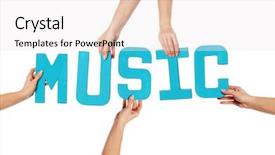  Presentation with turquoise music - Presentation theme having turquoise blue alphabet lettering spelling music held up over an isolated white background by female hands background and a white colored foreground