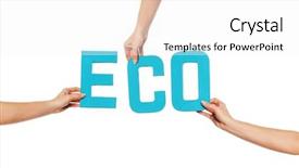  Presentation with turquoise - Cool new presentation theme with turquoise blue alphabet lettering spelling eco held up over an isolated white background by outstretched female hands backdrop and a white colored foreground