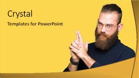  Presentation with shooting gun - PPT theme with turtleneck sweater holding symbolic gun background and a light gray colored foreground