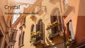  Presentation with building - Presentation design having tuscan window - beautiful old building balconies background and a coral colored foreground