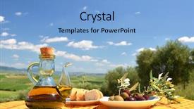  Presentation with olive oil - Presentation theme featuring tuscany - olive oil and olives background and a light blue colored foreground