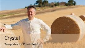  Presentation with straw bale - Slide deck having tuscany italy stacks of hay background and a coral colored foreground