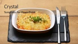  Presentation with tuscany - Colorful PPT theme enhanced with tuscany potatoes dish on a wooden table backdrop and a coral colored foreground