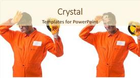  Presentation with employee engagement healthcare - Presentation theme having tuta - contractor employee wearing coveralls isolated background and a cream colored foreground