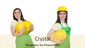  Presentation with worker - Presentation having tuta - female worker wearing coverall isolated background and a yellow colored foreground