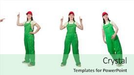  Presentation with landscape maintenance worker safety - Cool new PPT theme with tuta - female worker wearing coverall isolated backdrop and a seafoam green colored foreground