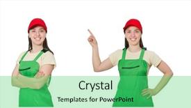  Presentation with varicose veins on a female - PPT theme with tuta - female worker wearing coverall isolated background and a seafoam green colored foreground